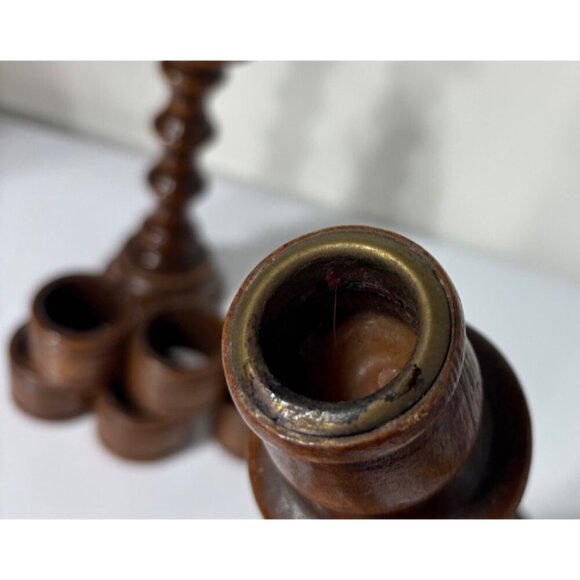 Vtg Wooden Candlestick Holders & 8 Napkin Rings Built In Set Unique - Picture 6 of 8